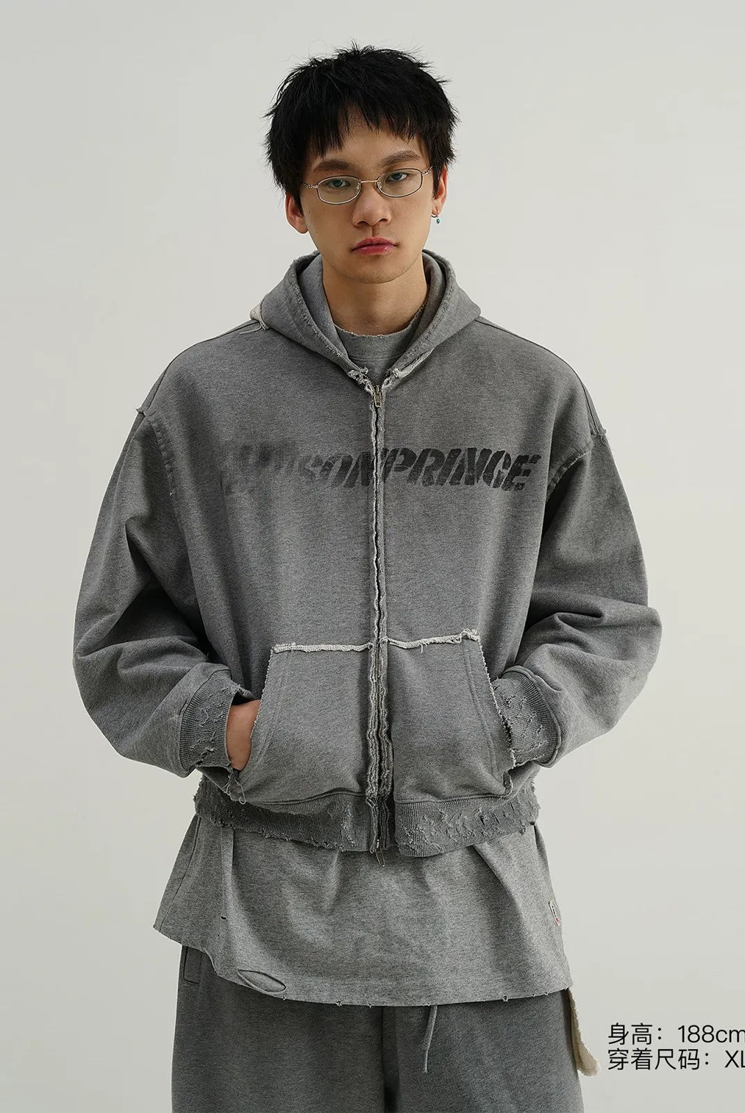 MASONPRINCE Heavyweight Graffiti Zip Hoodie in Gray - On Model