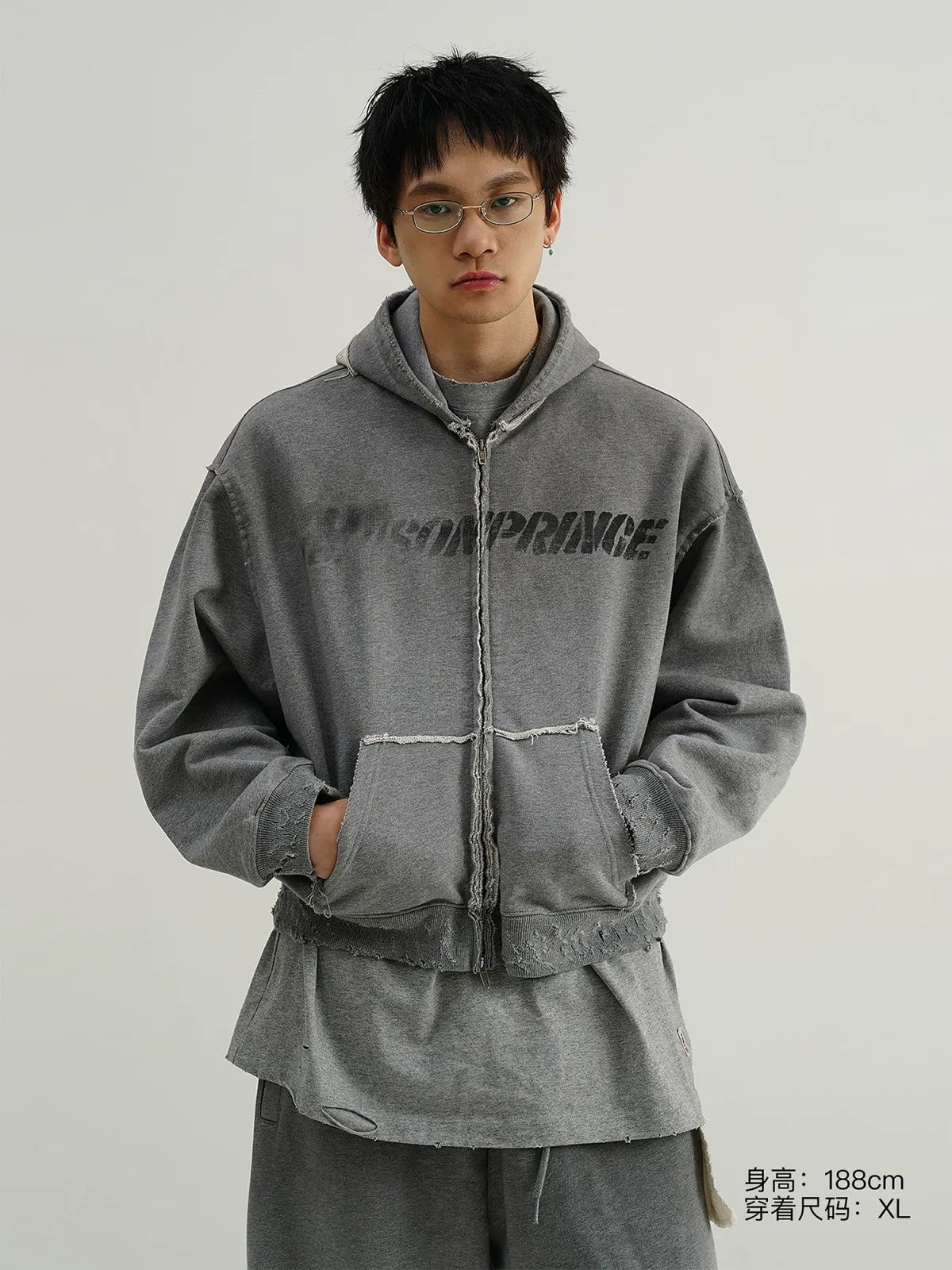MASONPRINCE Heavyweight Graffiti Zip Hoodie in Gray - On Model