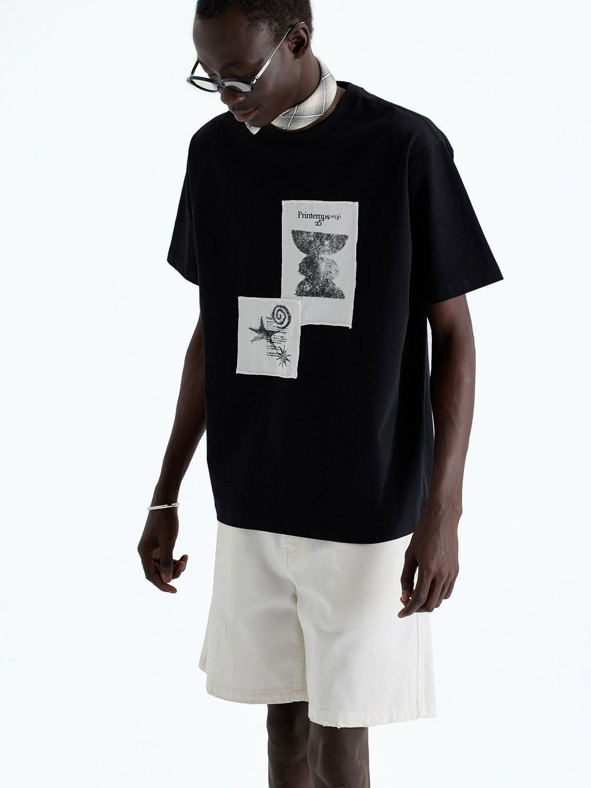 NANS Raw Edge Appliqu Cotton T Shirt in Black - On Model