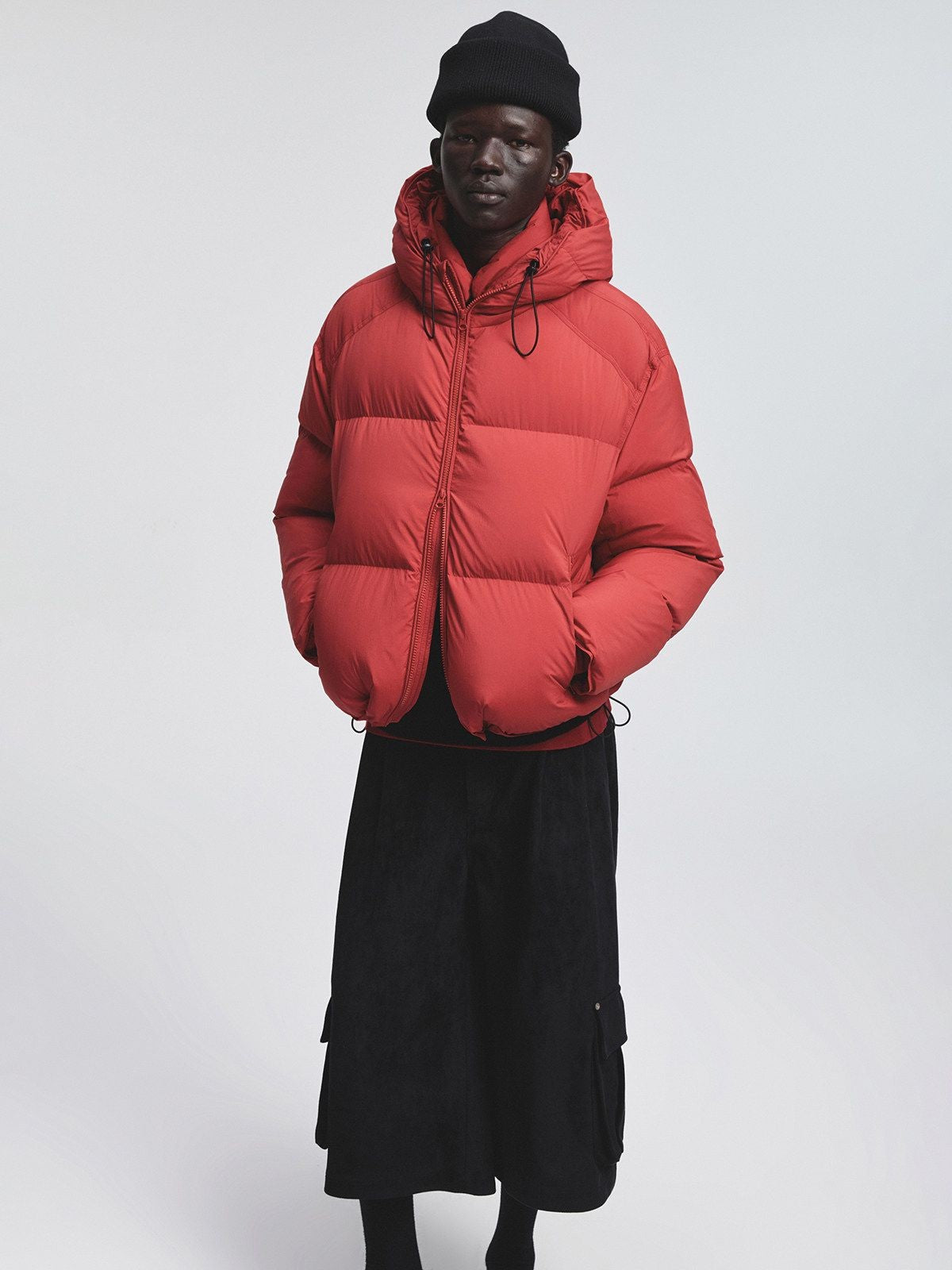 NANS Glossy Hooded Down Puffer in Red - On Model