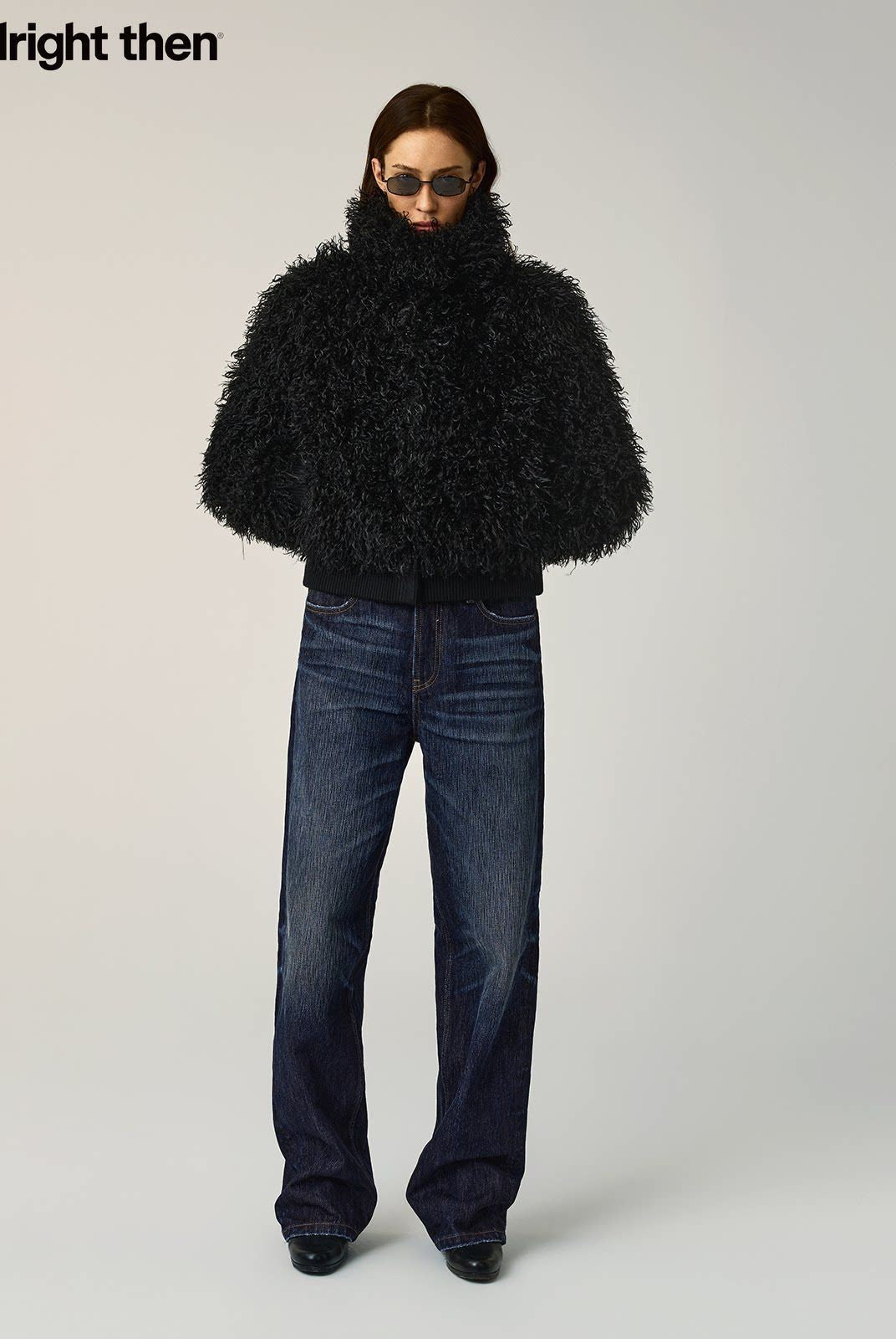 Alright then Faux Mongolian Lamb Fur Jacket in Black - On Model