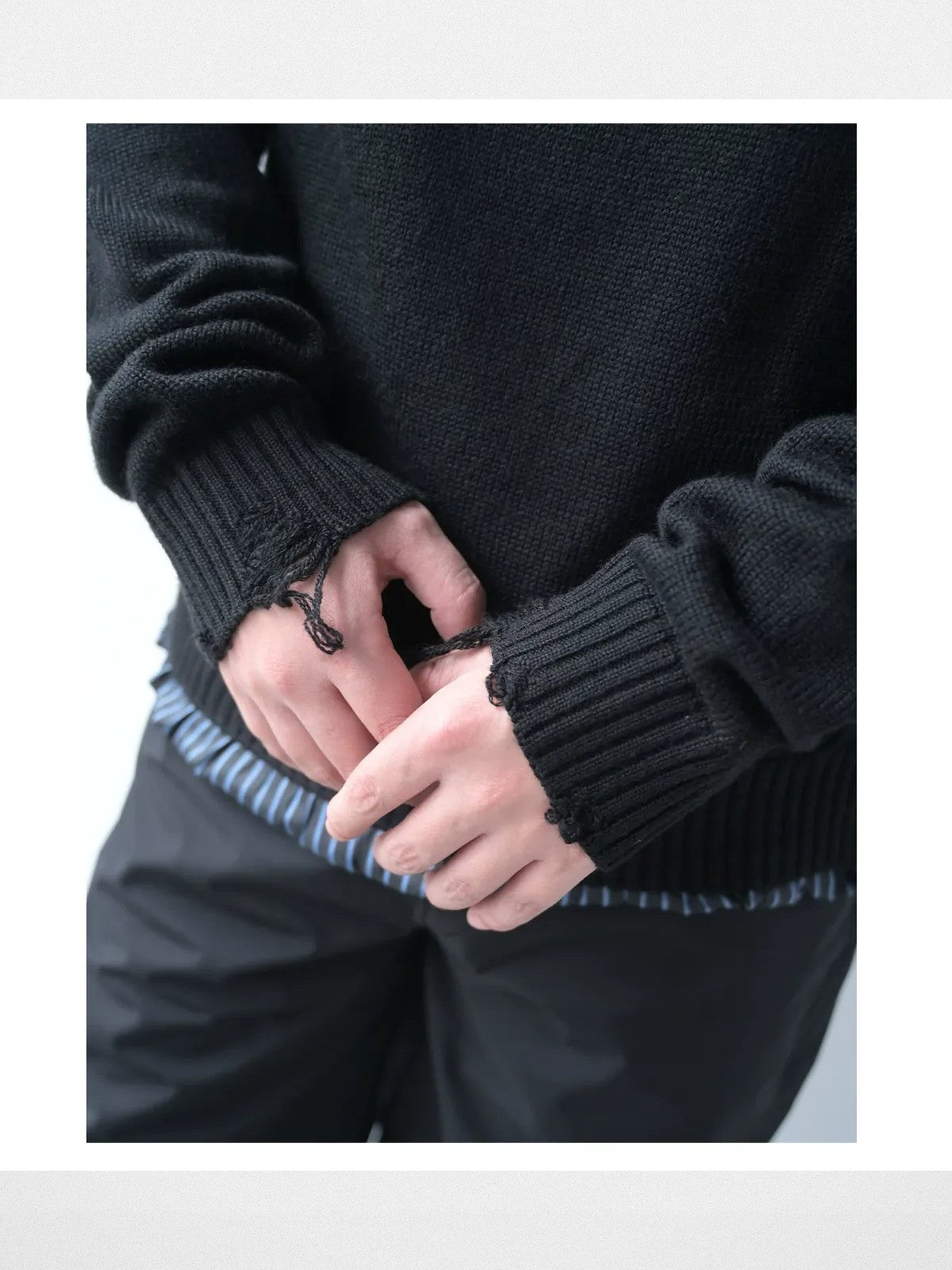 Roolrren Homme Distressed Layered Wool Sweater in Black - On Model