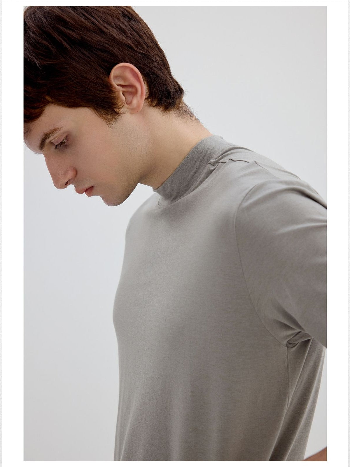 Simple Project Merino Wool Blend Mock Neck T Shirt in Beige - On Model