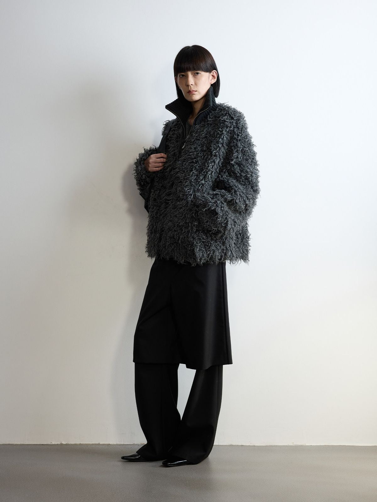 RandomPiece Shaggy Wool Blend Zip Jacket in Gray - On Model