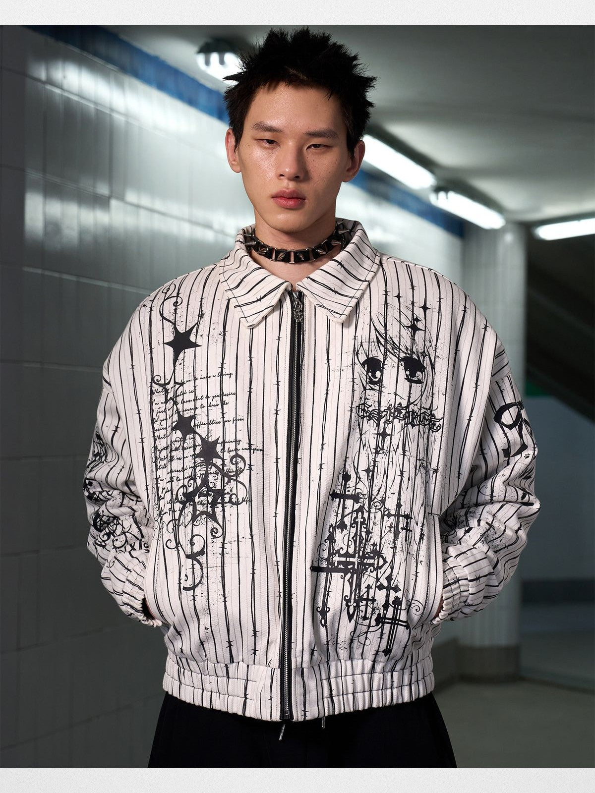 CFIERCE Thorn Stripe Fur Collar Jacket in White - On Male Model