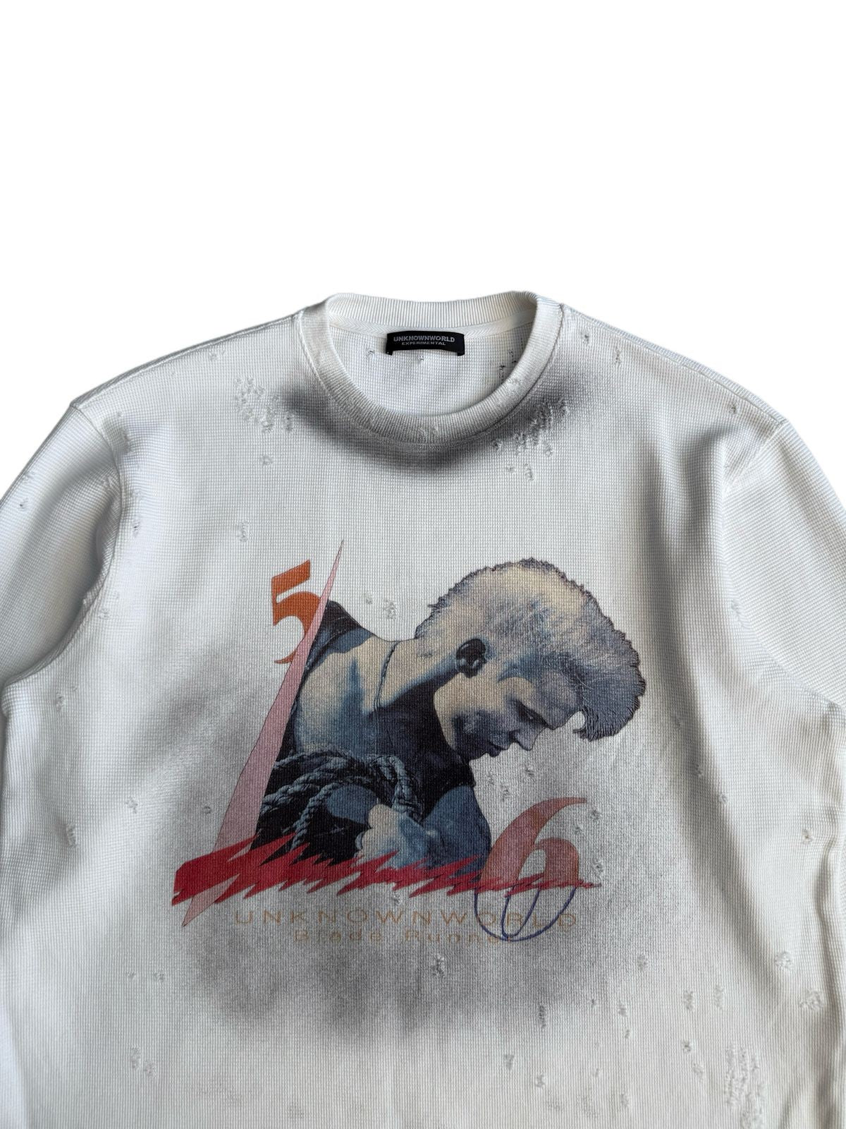 UNKNOWNWORLD Distressed Waffle Knit Pullover in White - Detail