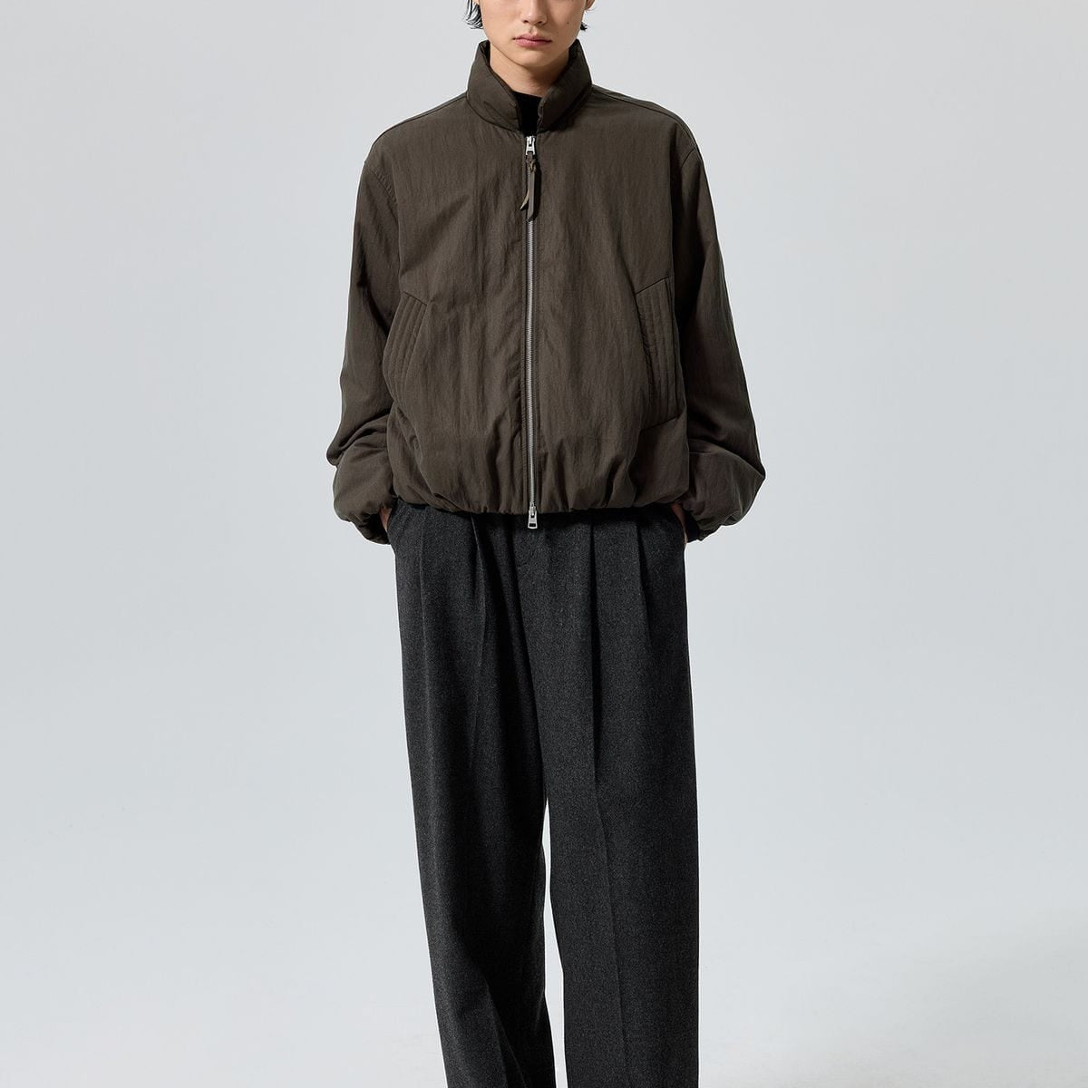 Simple Project Stand Collar 3M Thinsulate Puffer in Olive - On Model