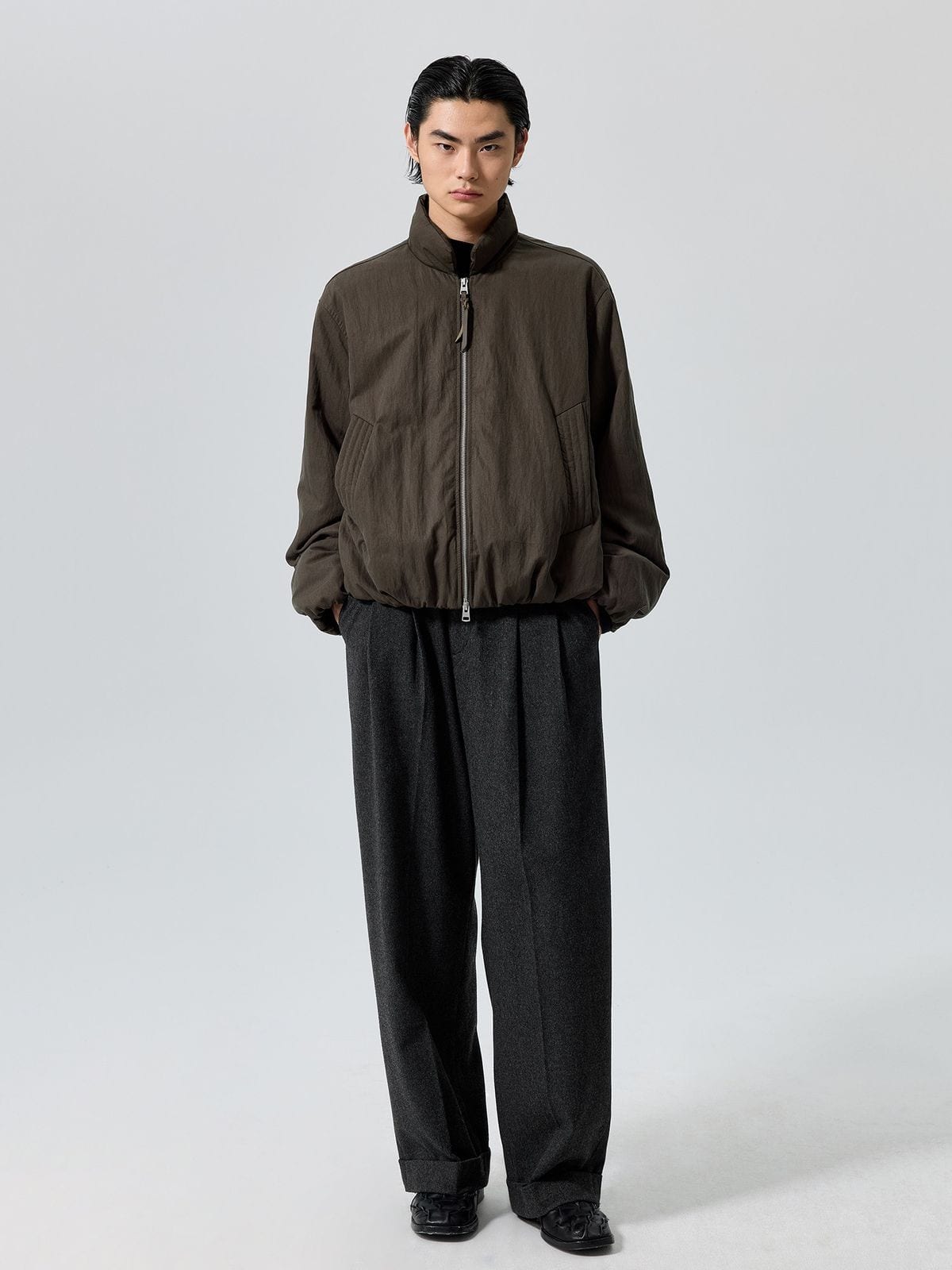 Simple Project Stand Collar 3M Thinsulate Puffer in Olive - On Model