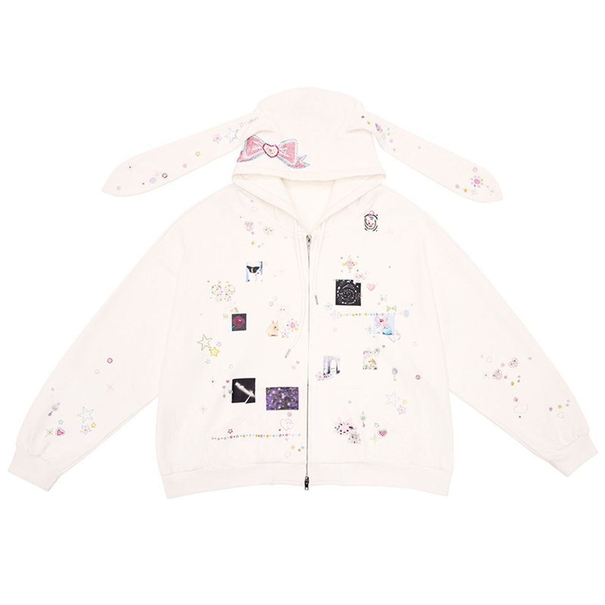 CFIERCE Bunny Ear Rhinestone Zip Hoodie in White