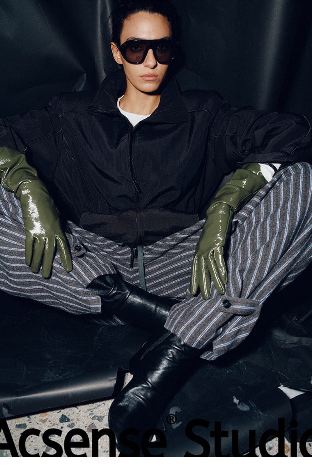 ACSENSE STUDIO Drawstring Waist Padded Jacket in Black - On Model