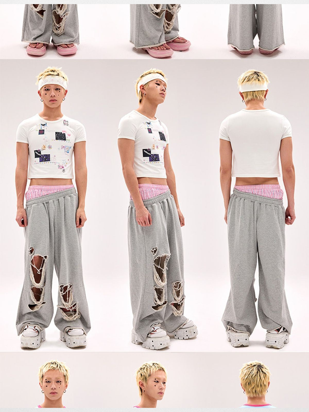 CFIERCE Sticker Print Rhinestone T Shirt in White - On Male Model