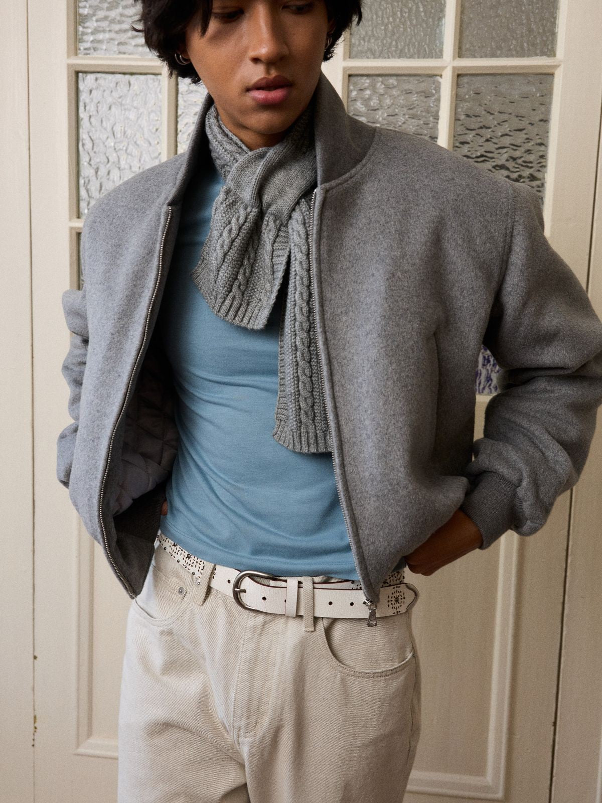 Retro 21 3M Thinsulate Wool MA 1 Jacket in Gray - On Model