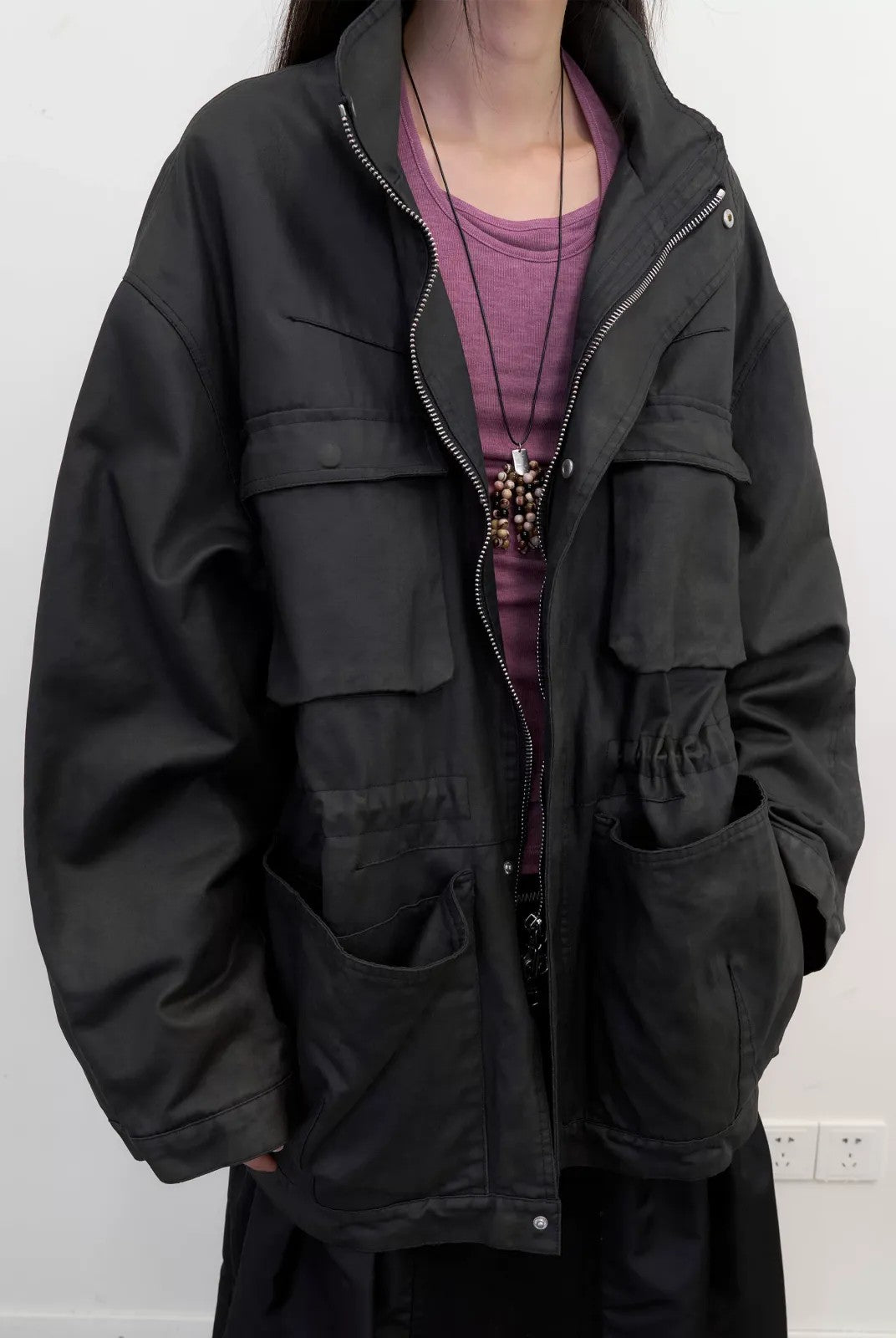 NeverSeez Spliced Neck Lyocell Blend Top in Gray - On Model