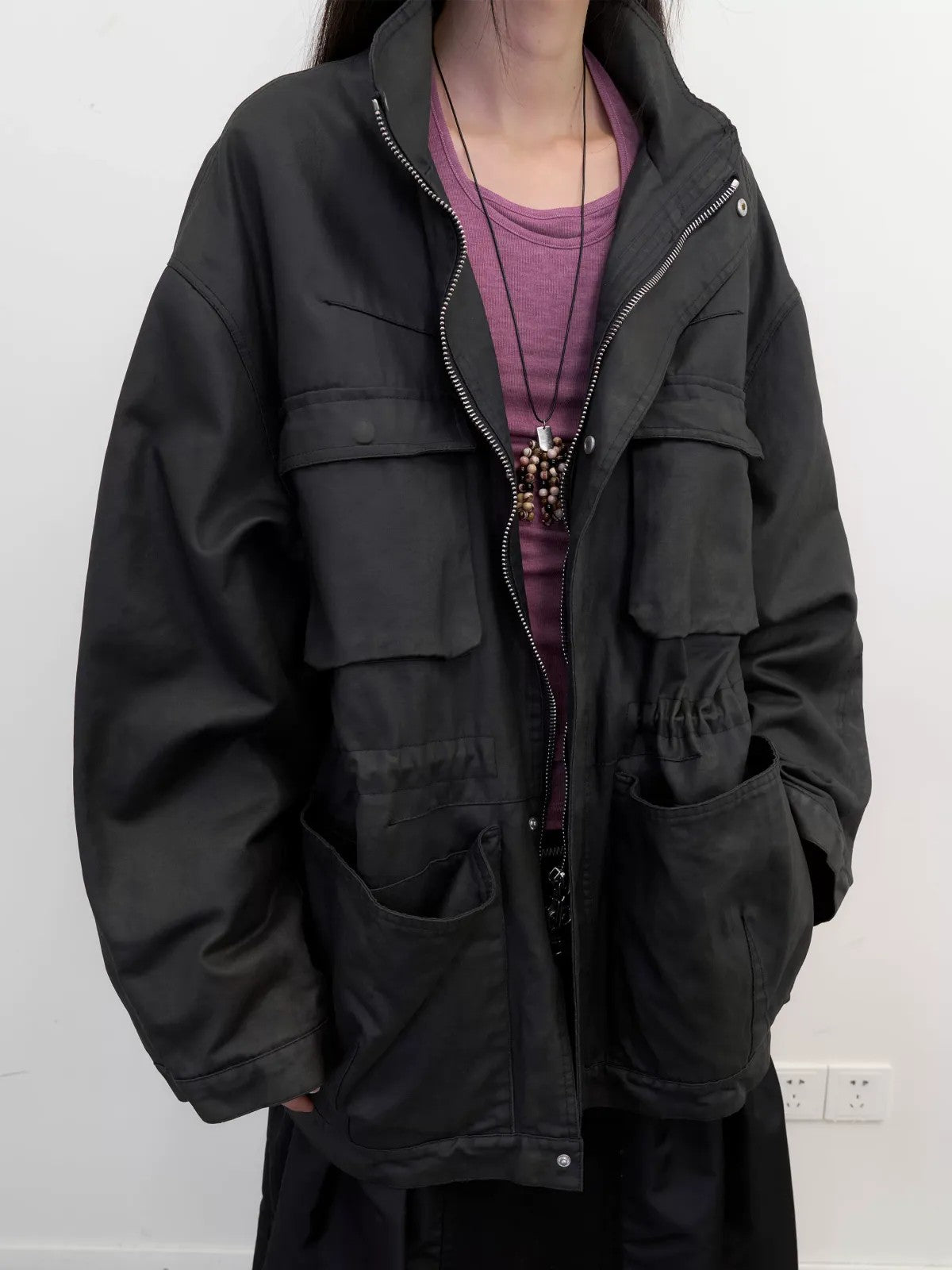 NeverSeez Spliced Neck Lyocell Blend Top in Gray - On Model