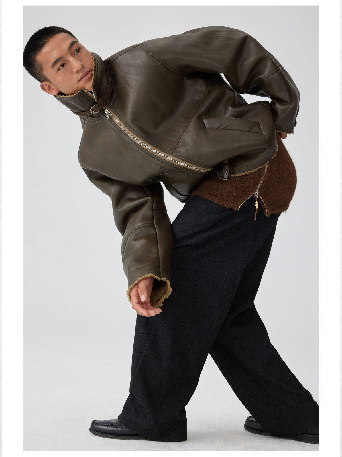 Simple Project Faux Leather Shearling Jacket in Black - On Male Model