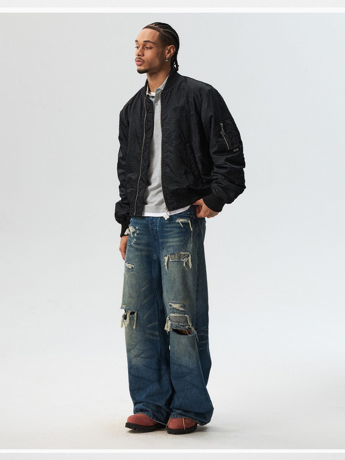 MEDM Nylon Stand Collar Padded Bomber in Black - On Male Model