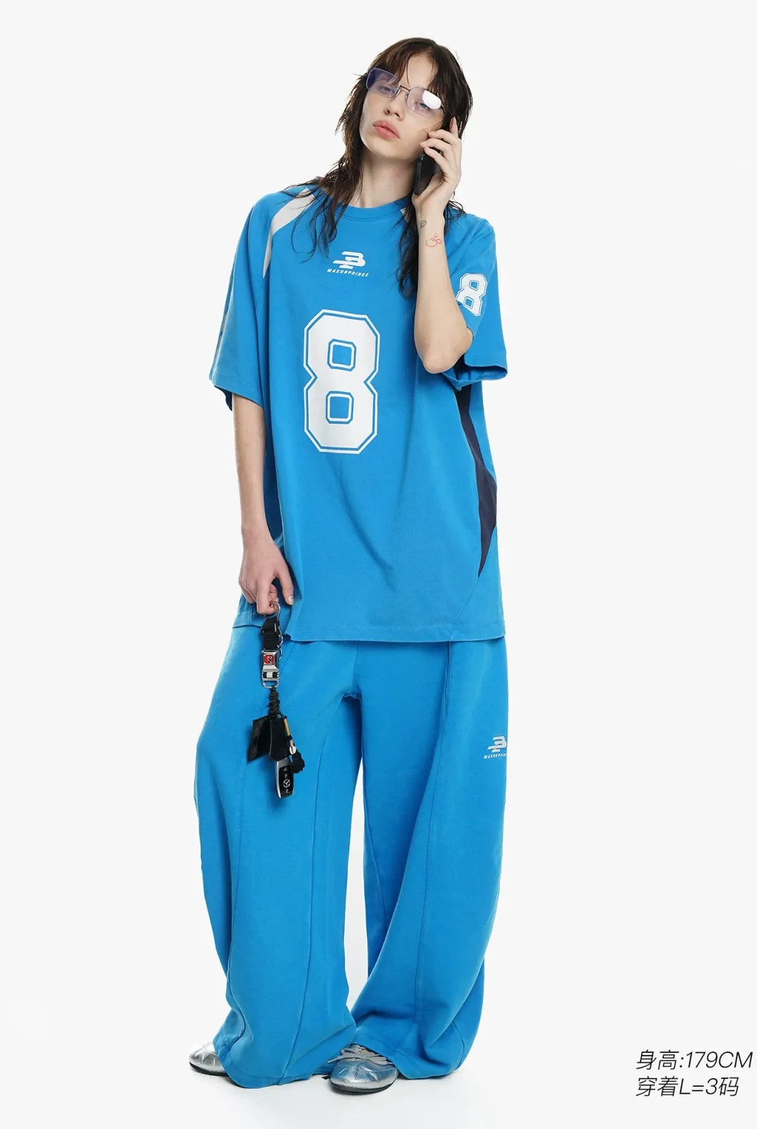 MASONPRINCE Combed Cotton No 8 Jersey Tee in Blue - On Model