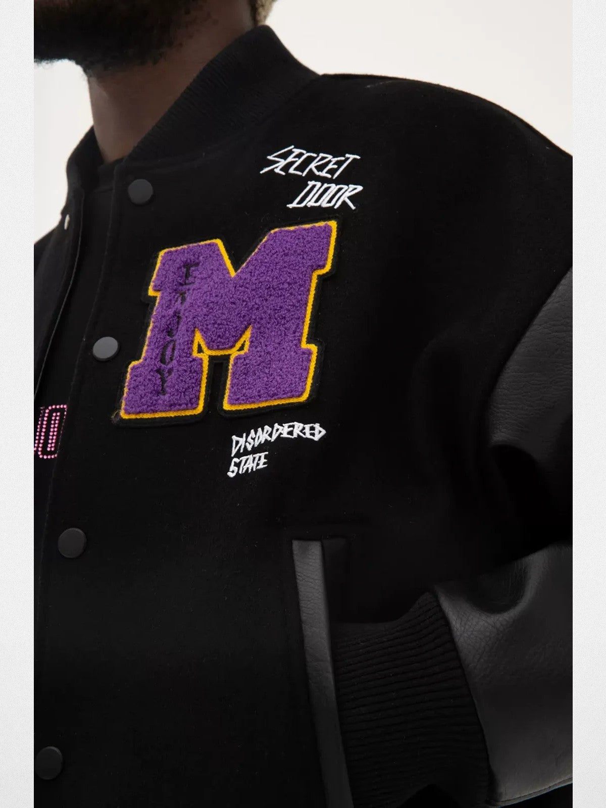 MEDM Wool Blend Varsity Jacket in Black - On Model