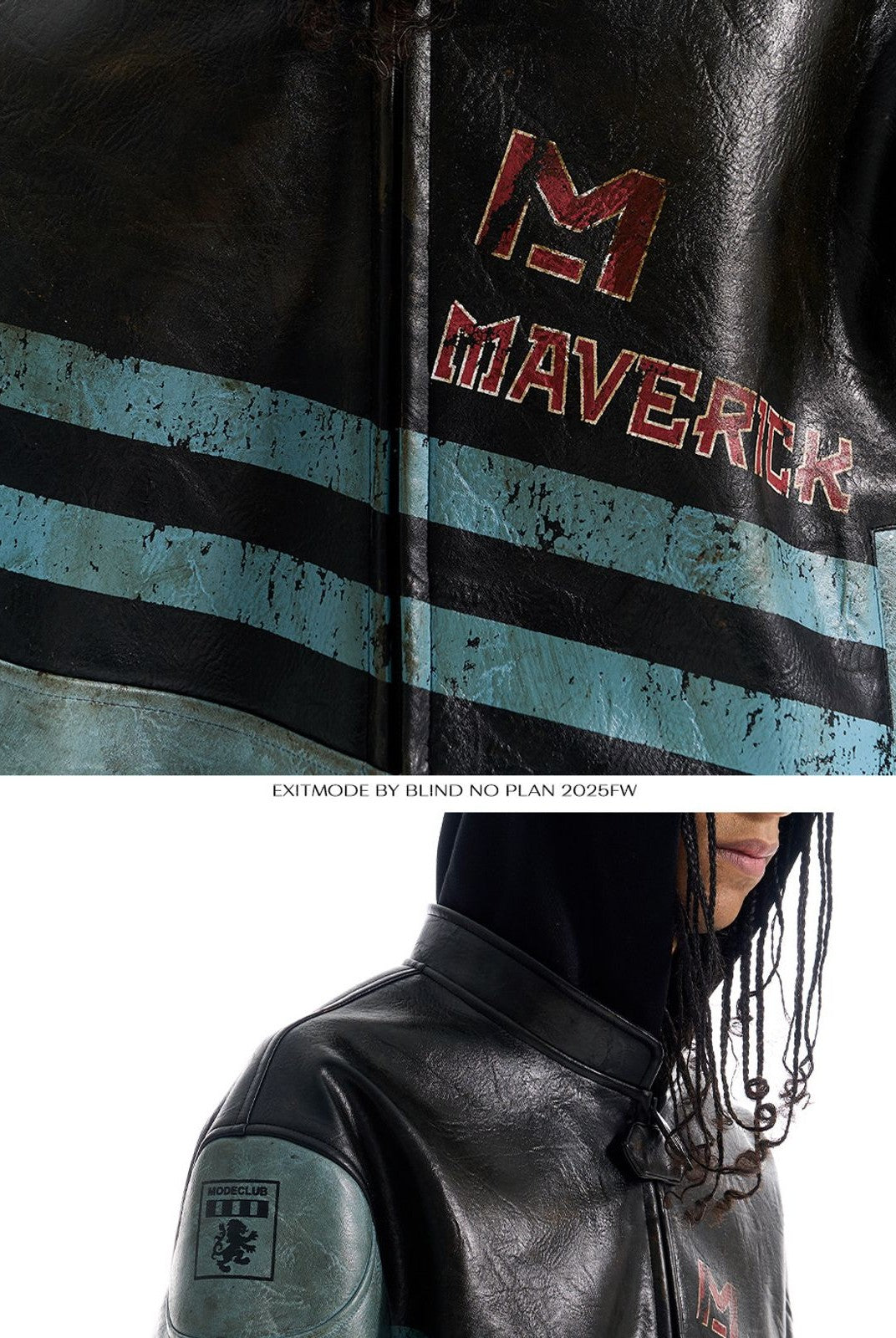 BLINDNOPLAN Distressed Faux Leather Biker Jacket in Black - On Model