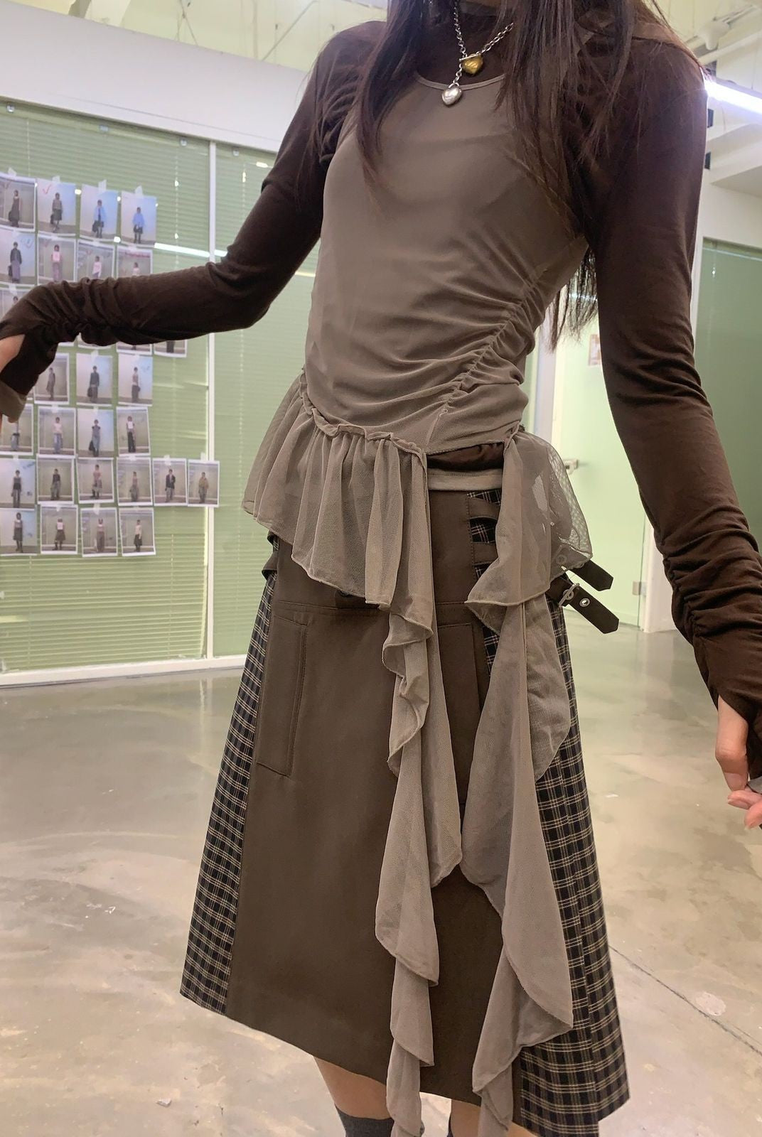 NeverSeez Asymmetric Mesh Streamer Tank in Gray - On Model