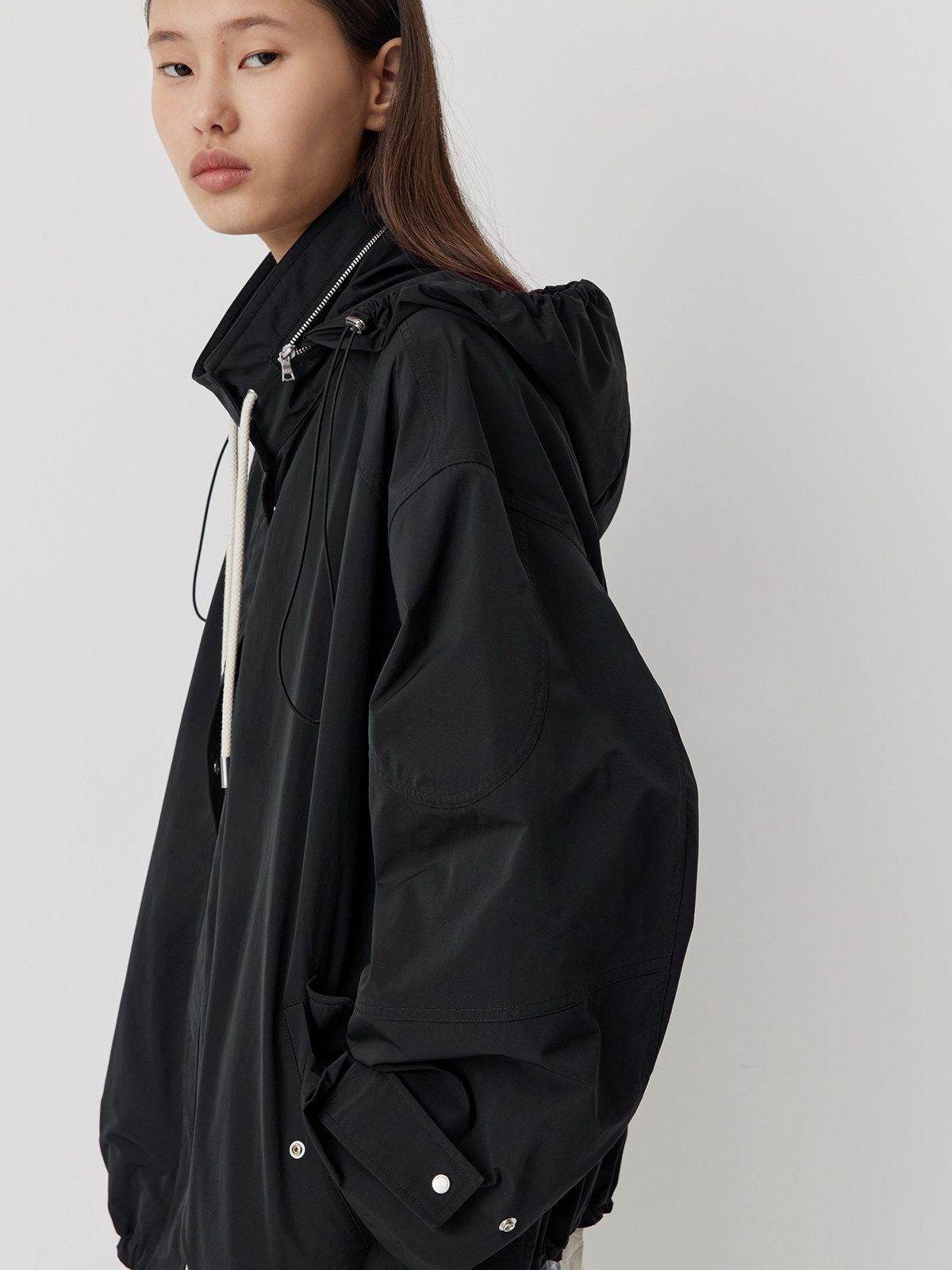 RandomPiece Stowable Hood Triacetate Jacket in Black - On Model