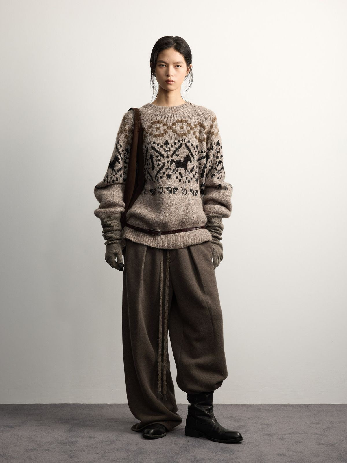 RandomPiece Wool Blend Wide Leg Sweatpants in Brown - On Model