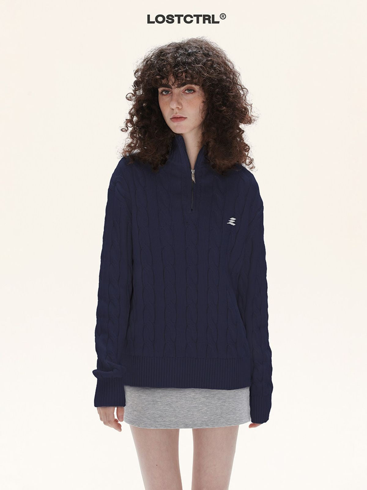 LOSTCTRL Half Zip Cable Knit Cotton Sweater in Navy Blue - On Model