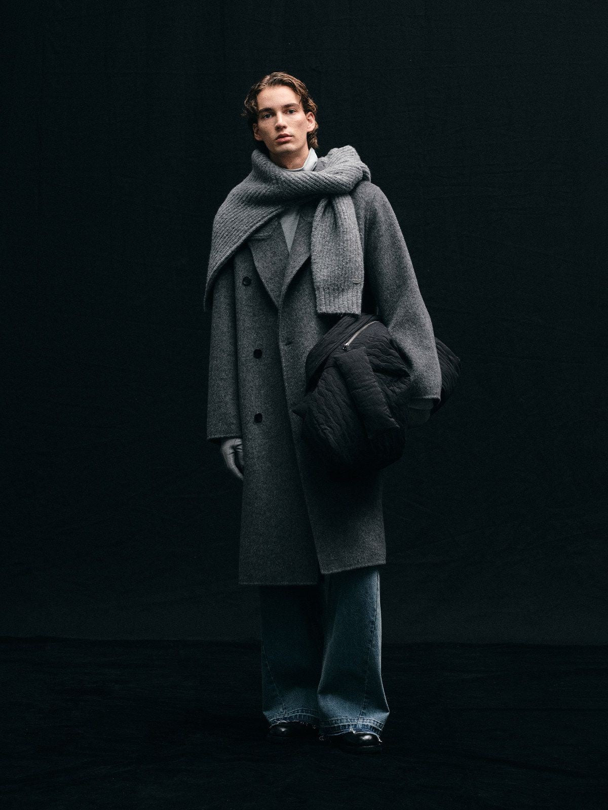 NANS Wool Silk Camel Double Breasted Coat in Gray - On Model