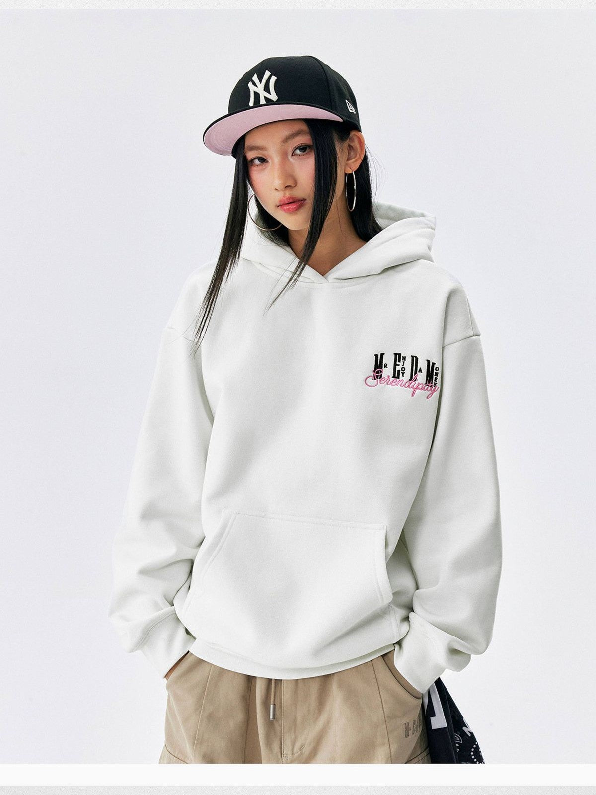 MEDM Embroidered Logo Fleece Hoodie in White - On Model