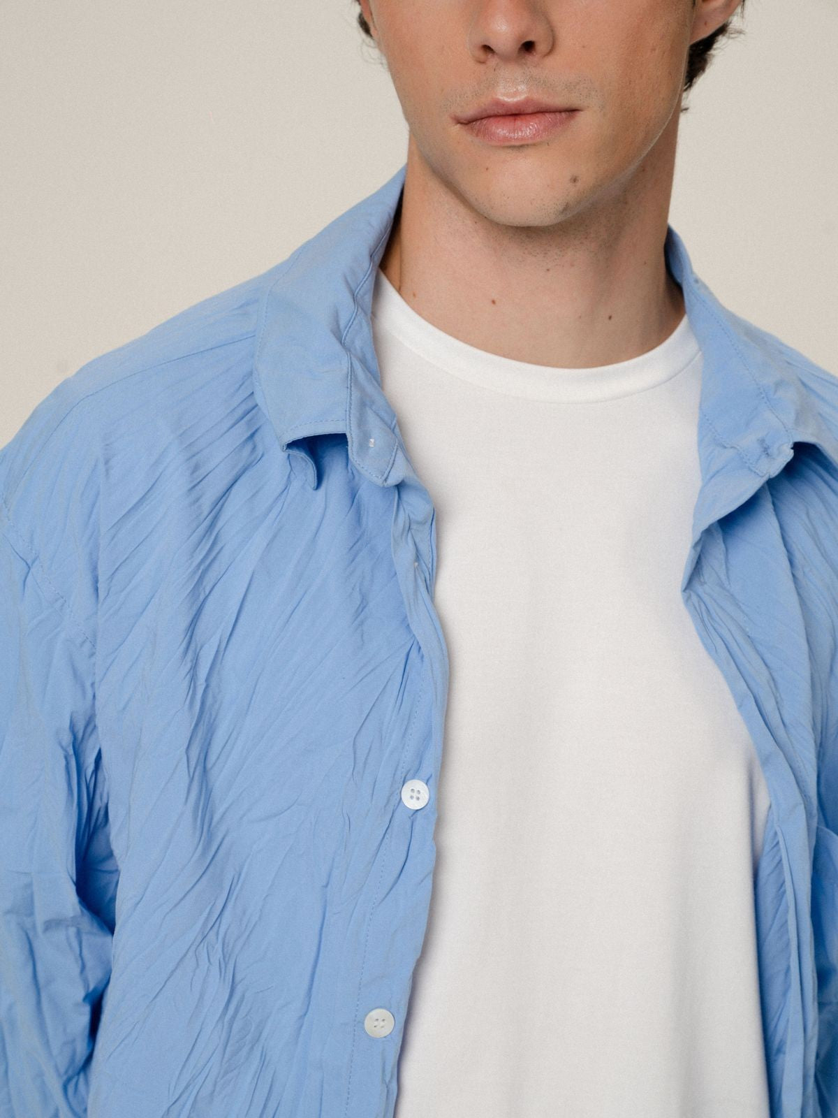 Retro 21 Pleated Bamboo Rayon Shirt in Blue - On Model