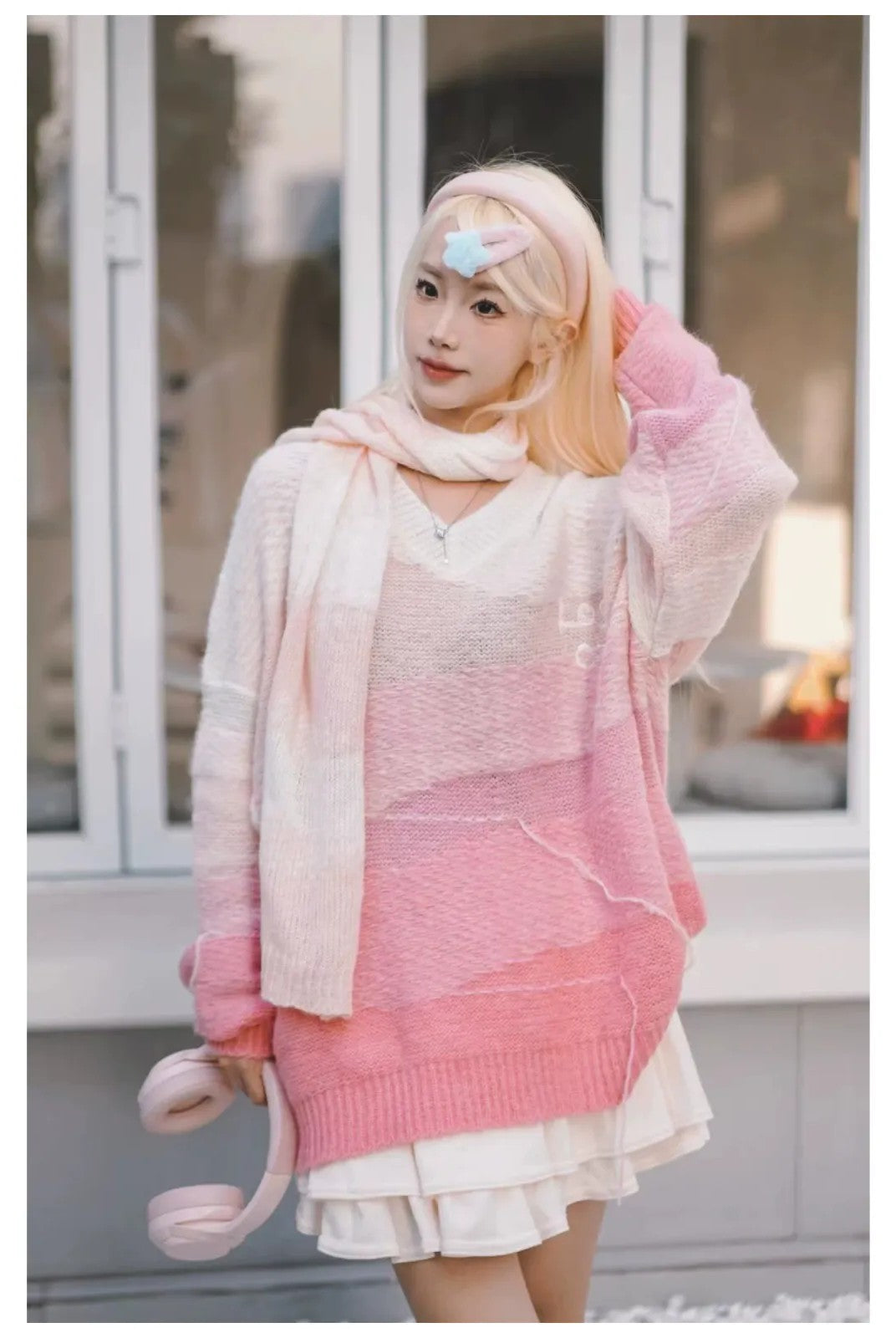 LOSTCTRL Gradient Fringe V Neck Sweater in Pink