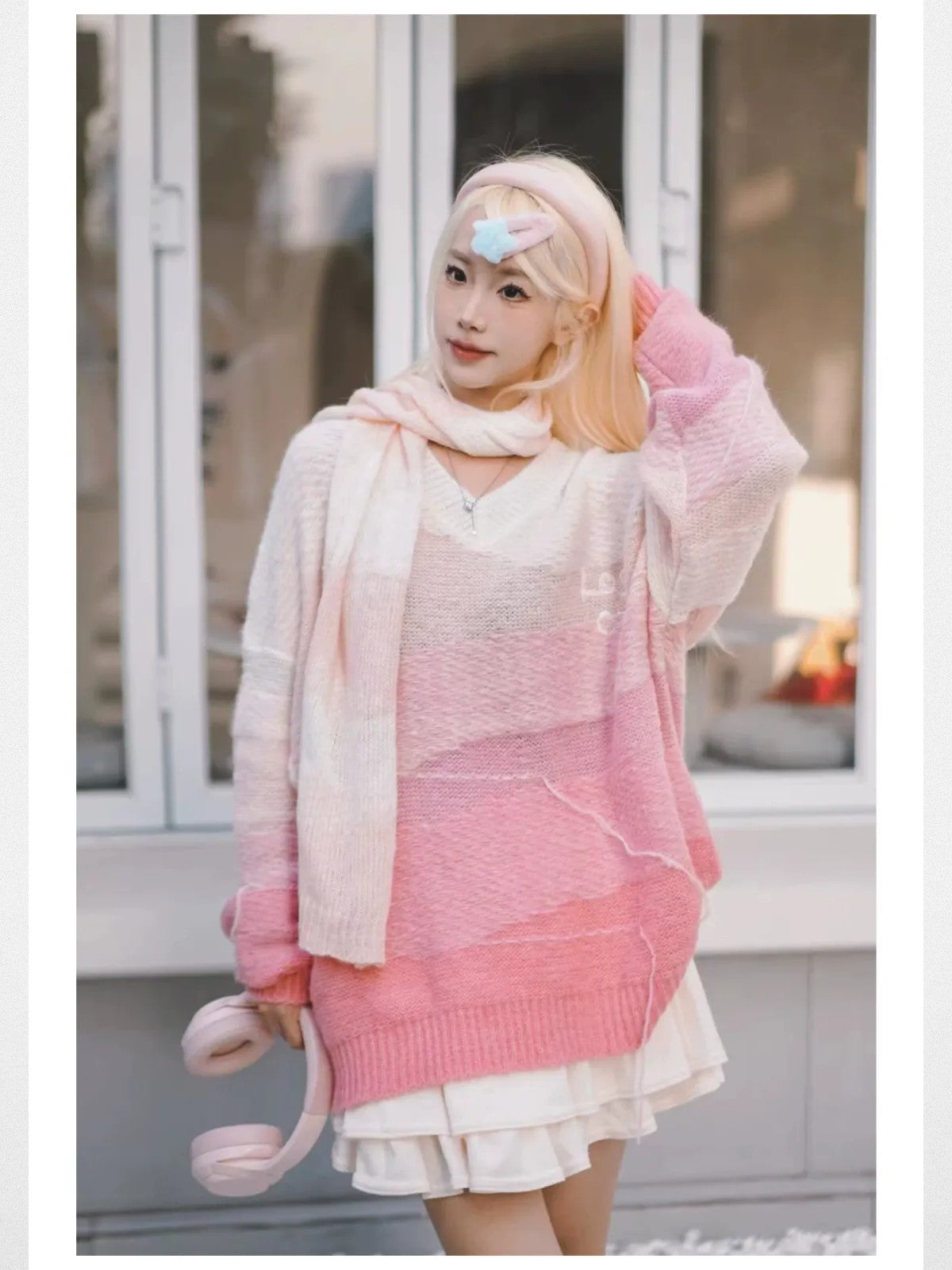 LOSTCTRL Gradient Fringe V Neck Sweater in Pink