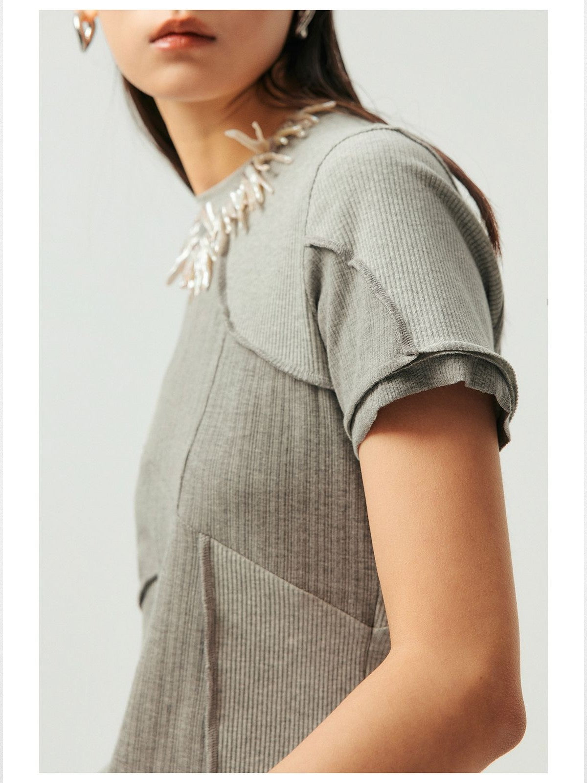 Simple Project Asymmetric Paneled Ribbed Tee in Gray - On Model