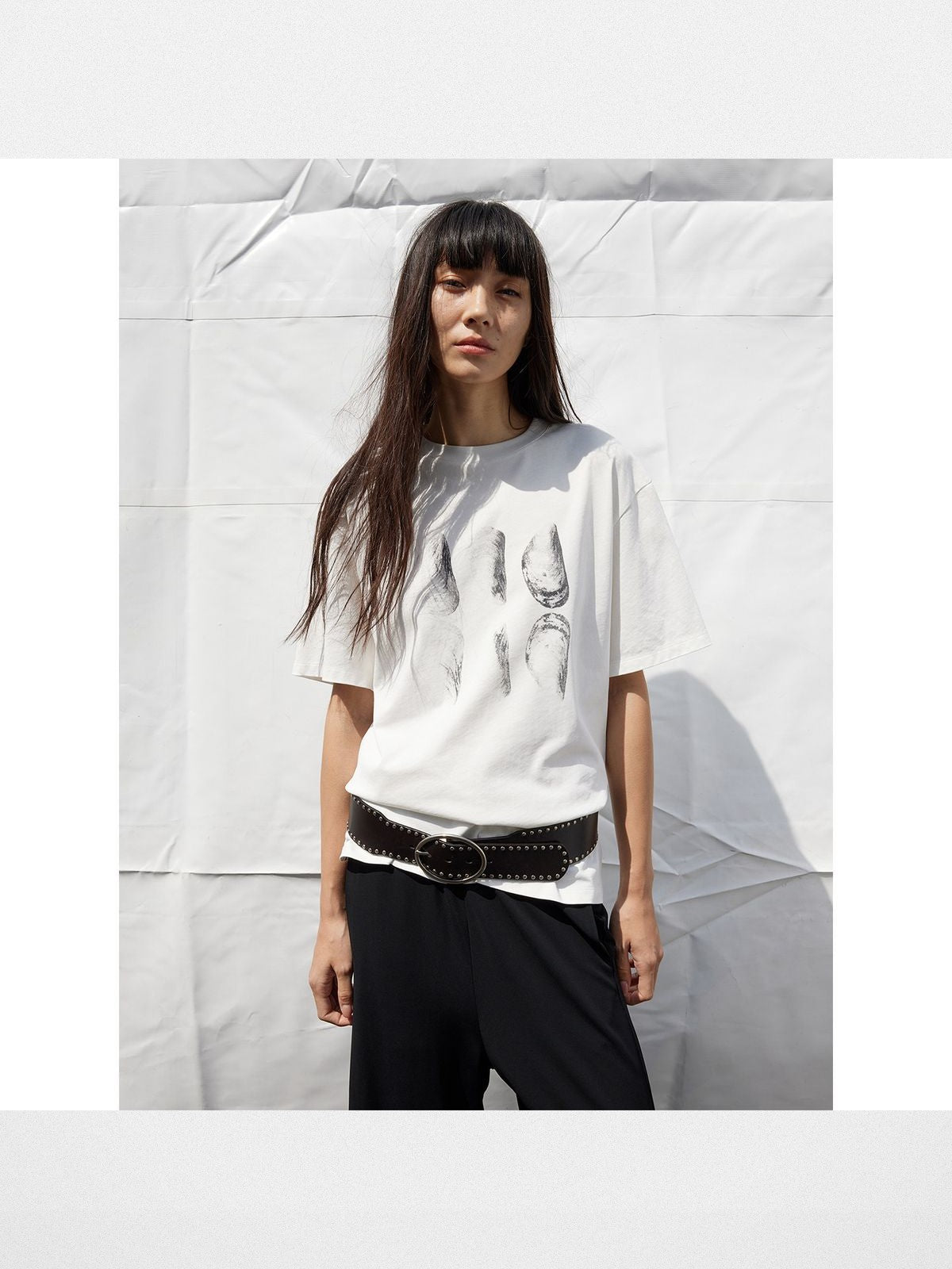 RandomPiece Shell Print High Twist Cotton T Shirt in White - On Model