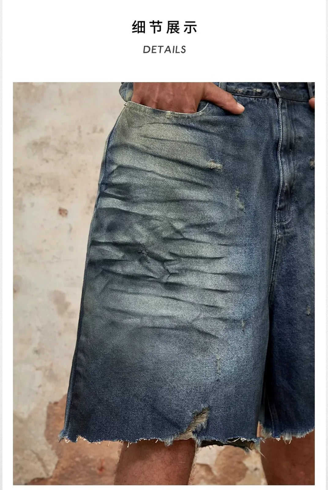 TRIANGLE PROJECT Deconstructed Distressed Denim Shorts in Blue - On Model