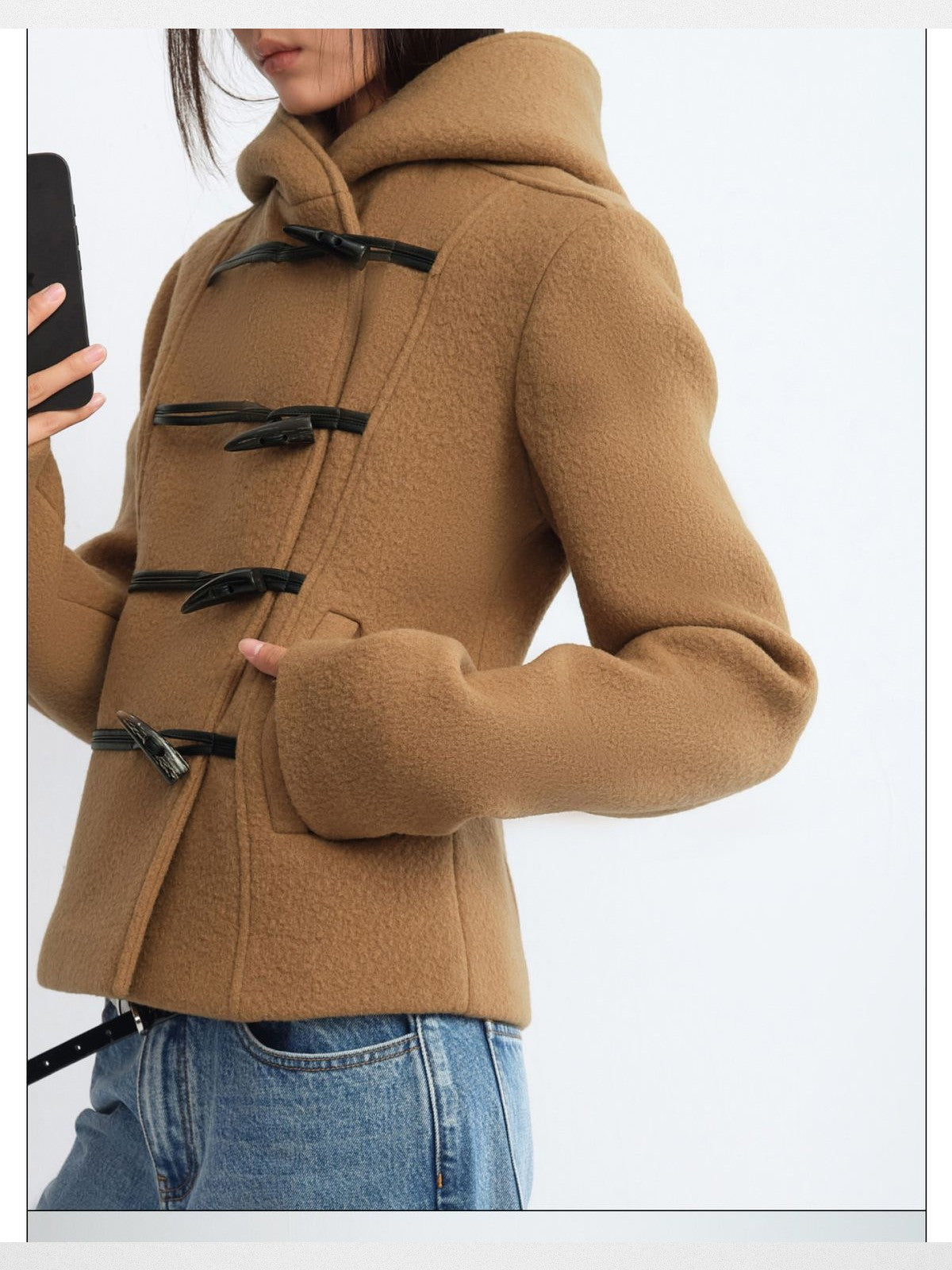 RARELY ALIKE Short Lambswool Duffle Coat in Beige - On Model