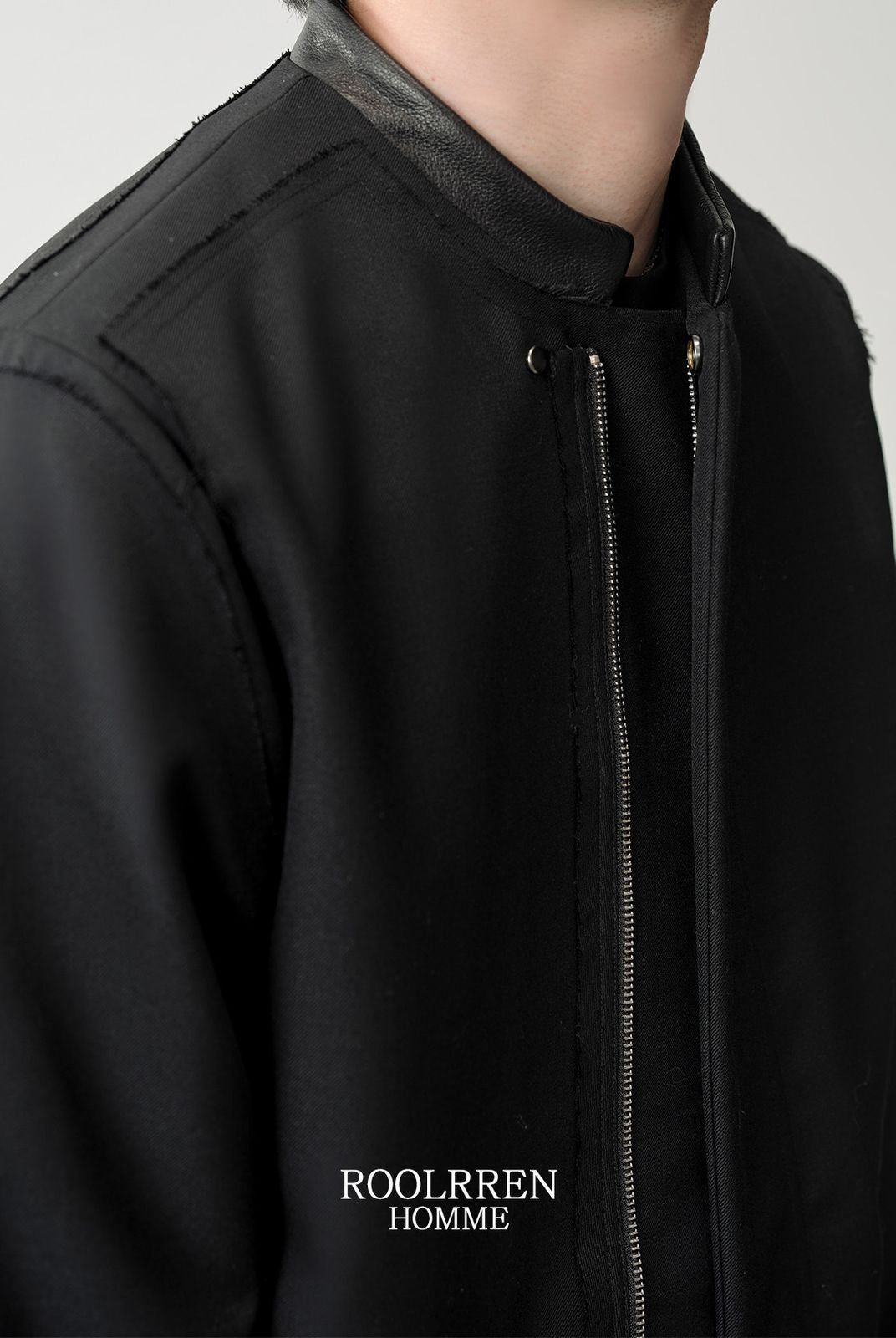 Roolrren Homme Leather Collar Wool Blend Jacket in Black - On Model