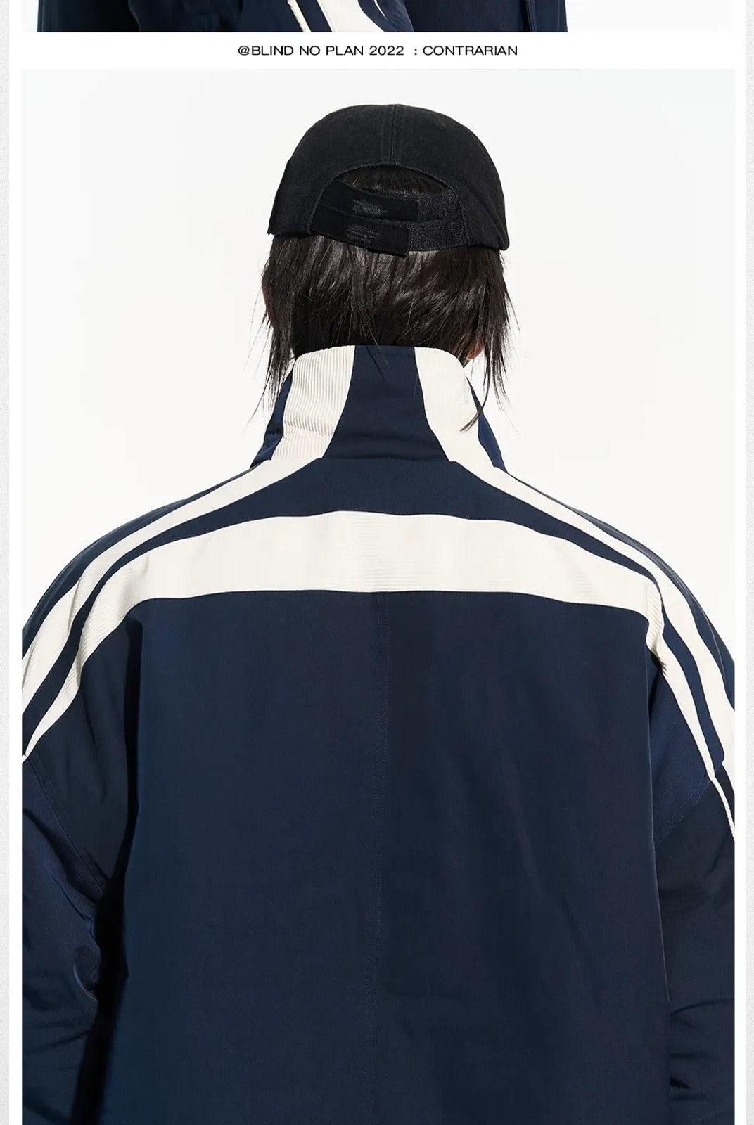 BLINDNOPLAN Color Block Padded Track Jacket in Navy Blue - On Model