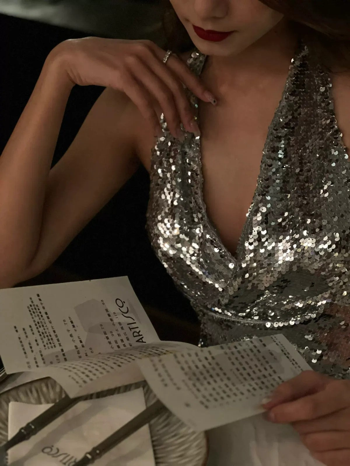 1S STUDIO Silver Sequin Cowl Neck Halter Dress in Silver - On Model