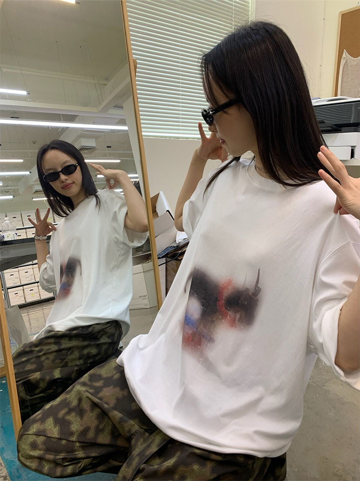 NeverSeez Hazy Puppy Print Cotton T Shirt in White - On Female Model