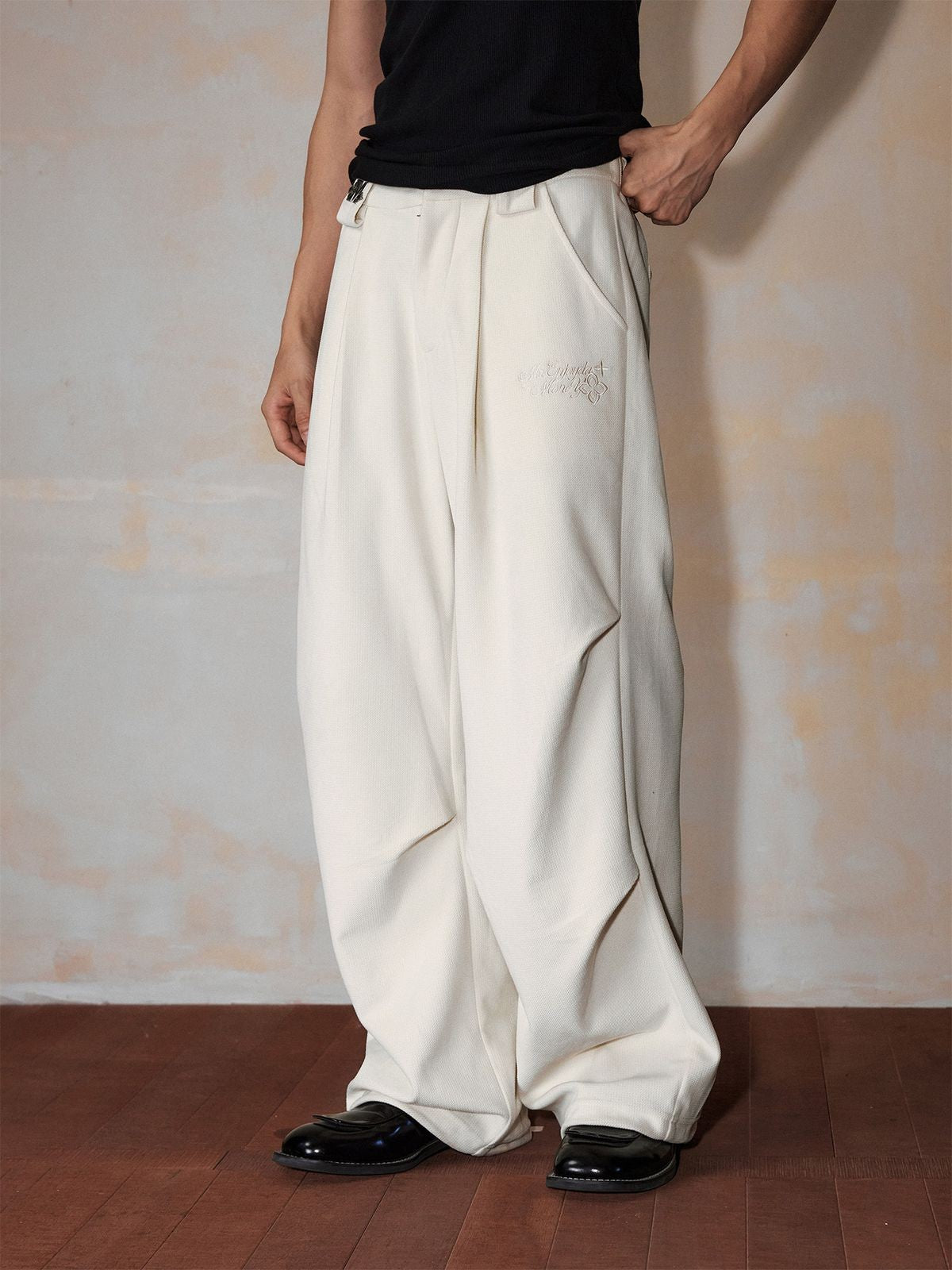 MEDM Wide Leg Corduroy Parachute Pants in White - On Model