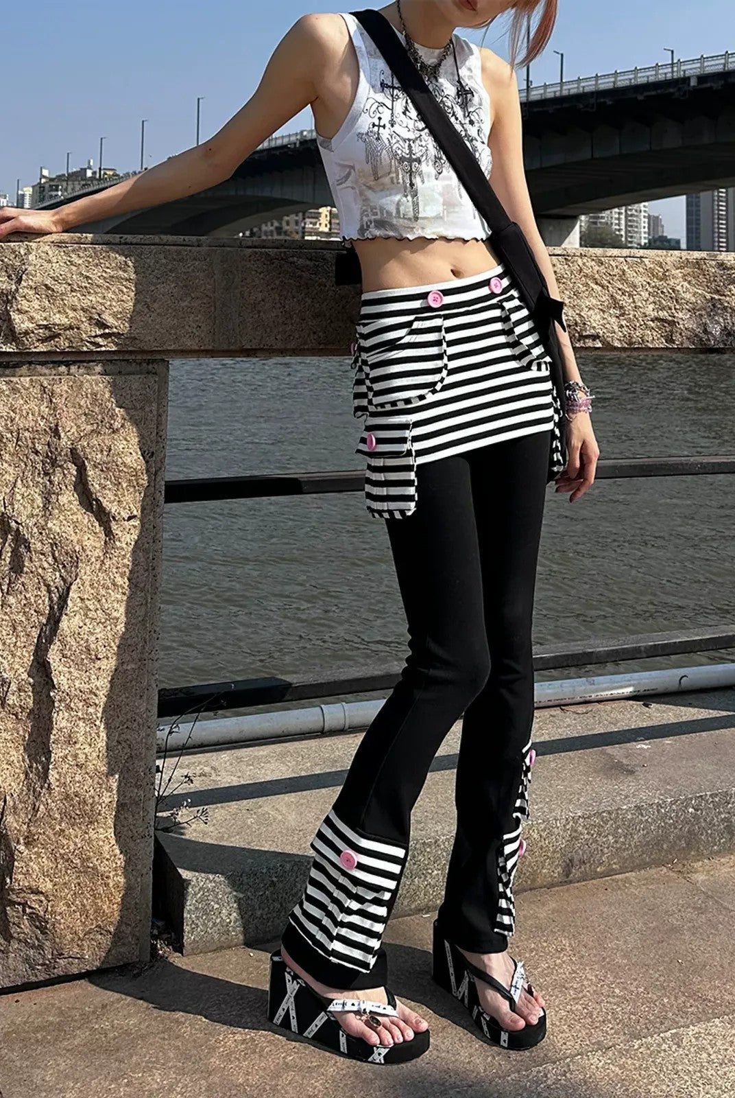 CFIERCE Striped Skirted Flare Trousers in Black - On Model