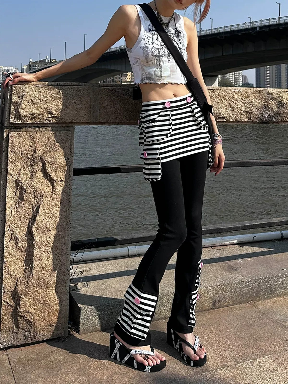 CFIERCE Striped Skirted Flare Trousers in Black - On Model