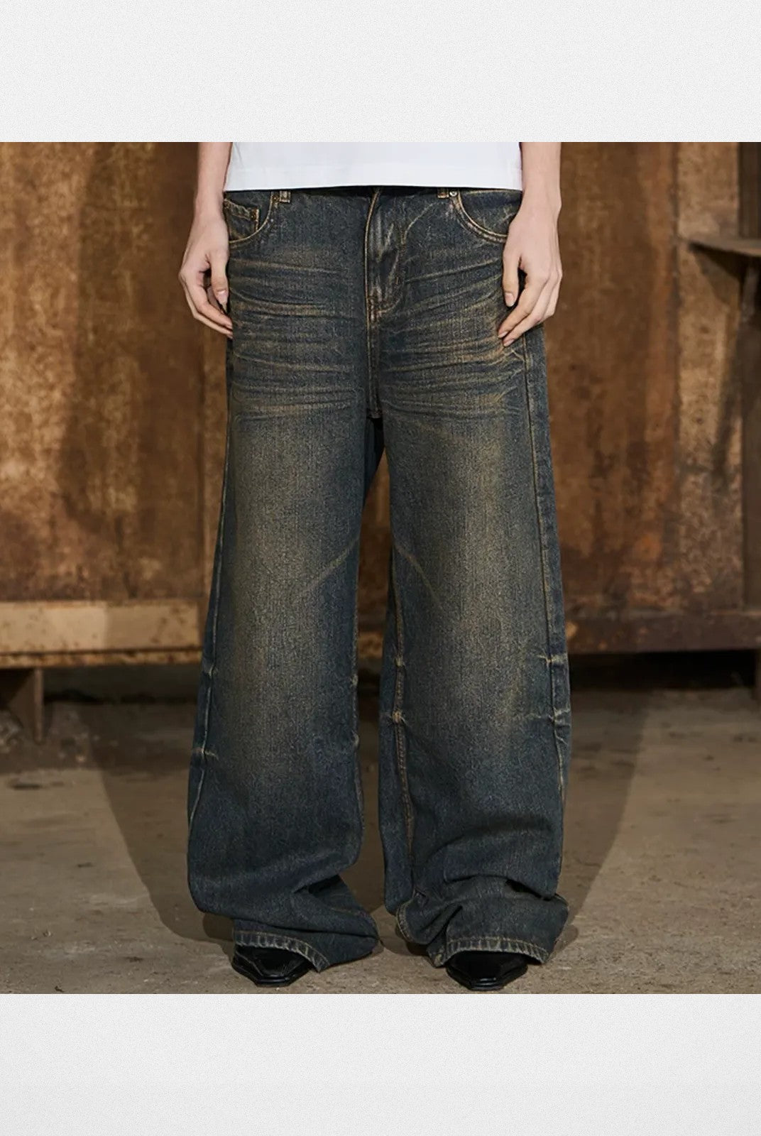 BLINDNOPLAN Mud Dyed Distressed Straight Leg Jeans in Blue - On Model