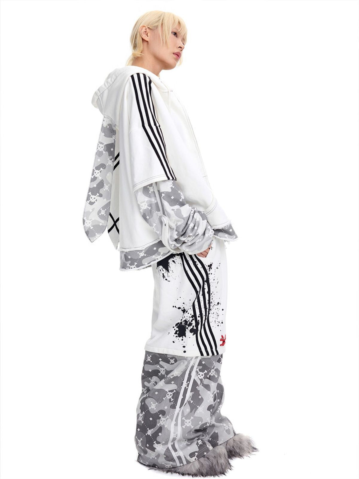 CFIERCE Layered Skull Print Bunny Hoodie in White - On Female Model
