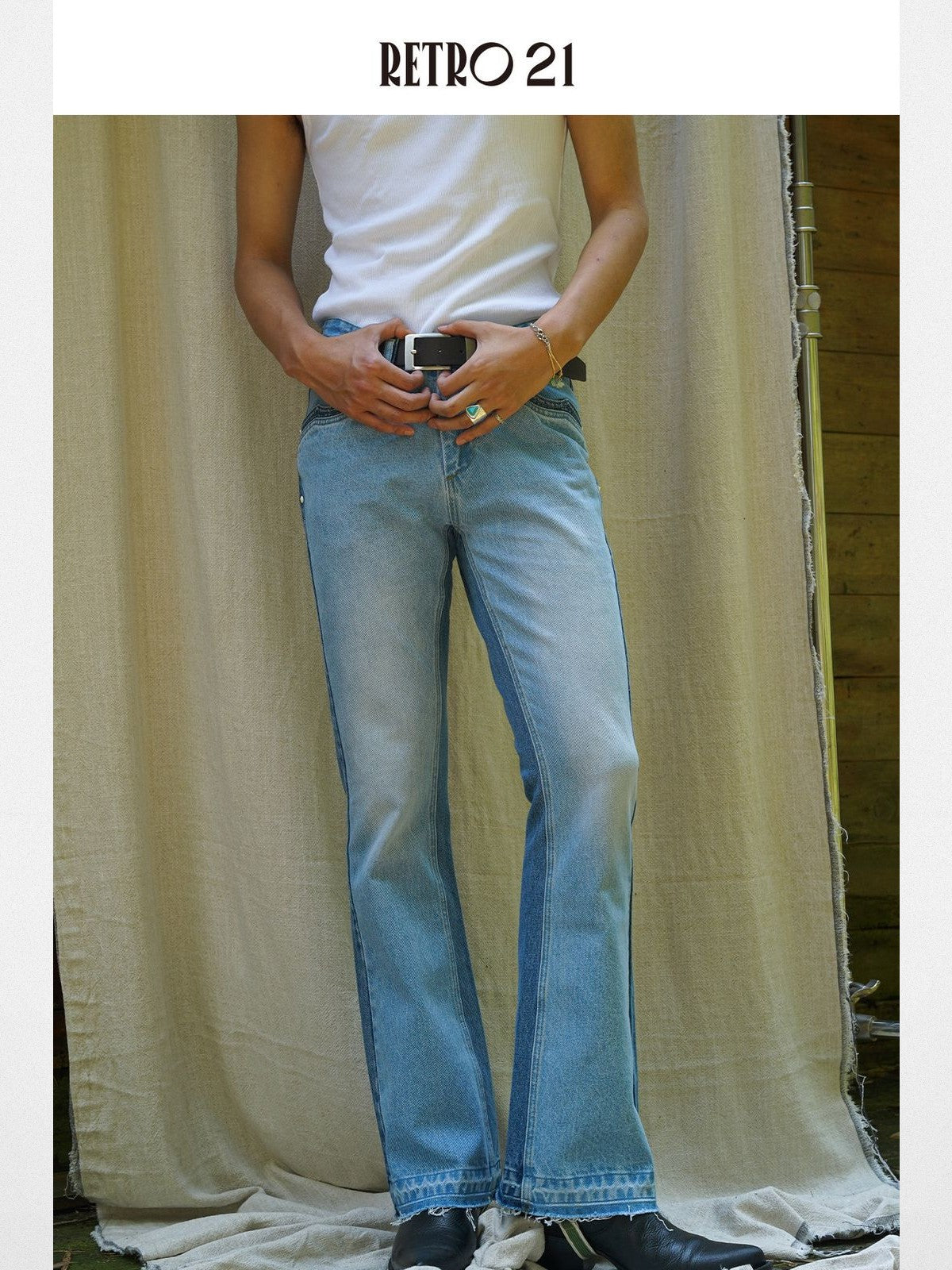 Retro 21 Spliced Contrast Flared Jeans in Denim - On Male Model