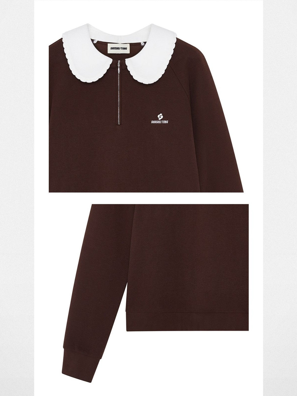 SHUSHUTONG Oversized Doll Collar Sweatshirt in Brown - Detail