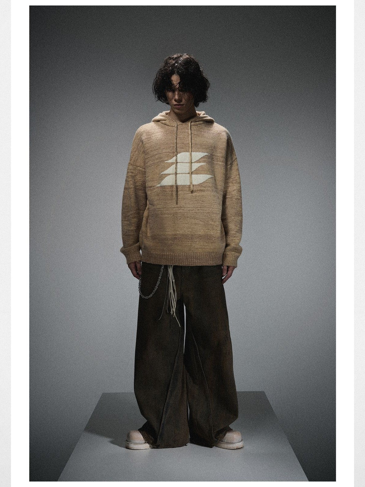 LOSTCTRL Chenille Logo Knit Hoodie in Khaki - On Male Model