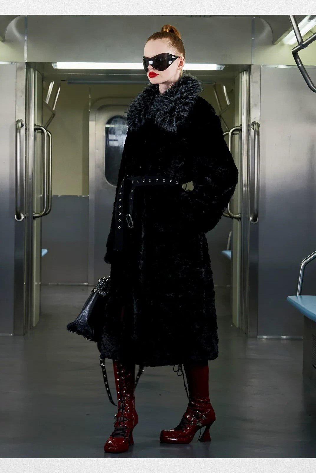 CFIERCE Belted Contrast Faux Fur Coat in Black - On Model