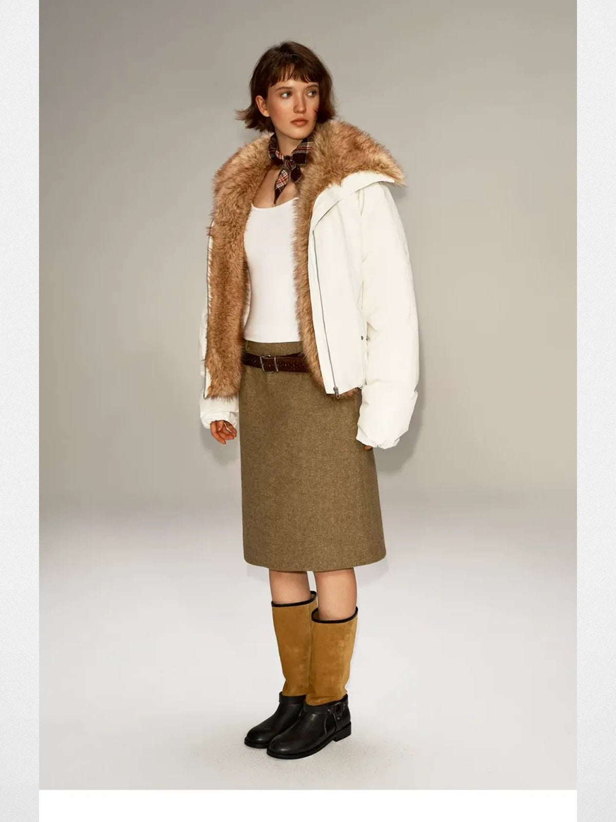 PUKI Reversible Wool Blend Midi Skirt in Brown - On Model